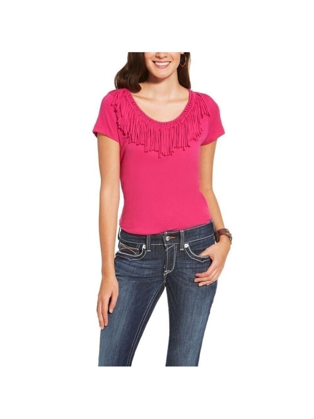 Ariat Senorita Fringe Top Bright Pink Short Sleeve Tee, size S